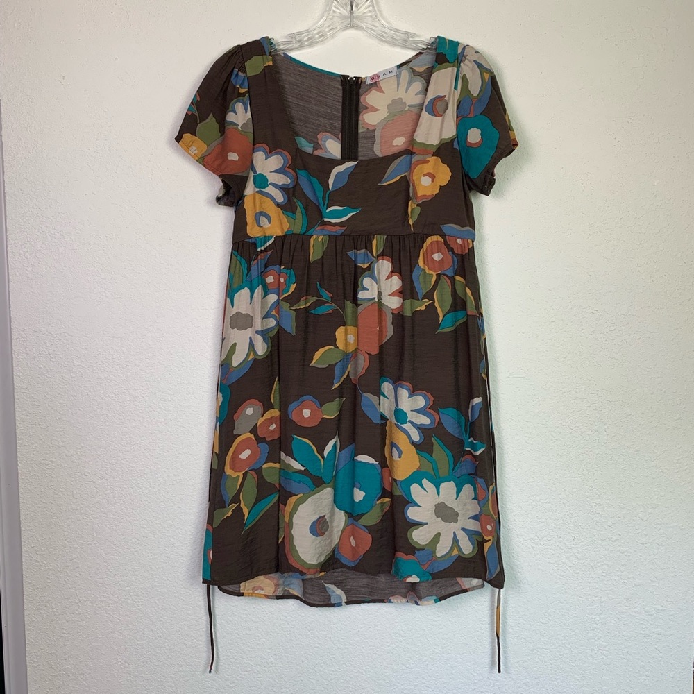GLAM dress. Brown with floral earth tones.